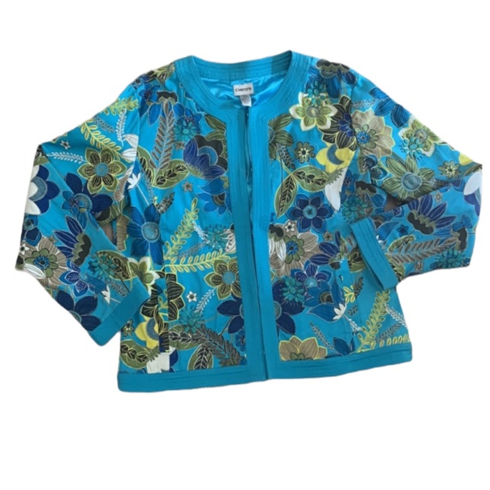 Chicos Blue Green Multi Color Jacket Size 2